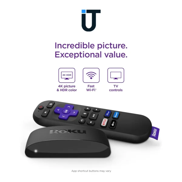 hand holding the roku express 4k voice remote with shortcut buttons