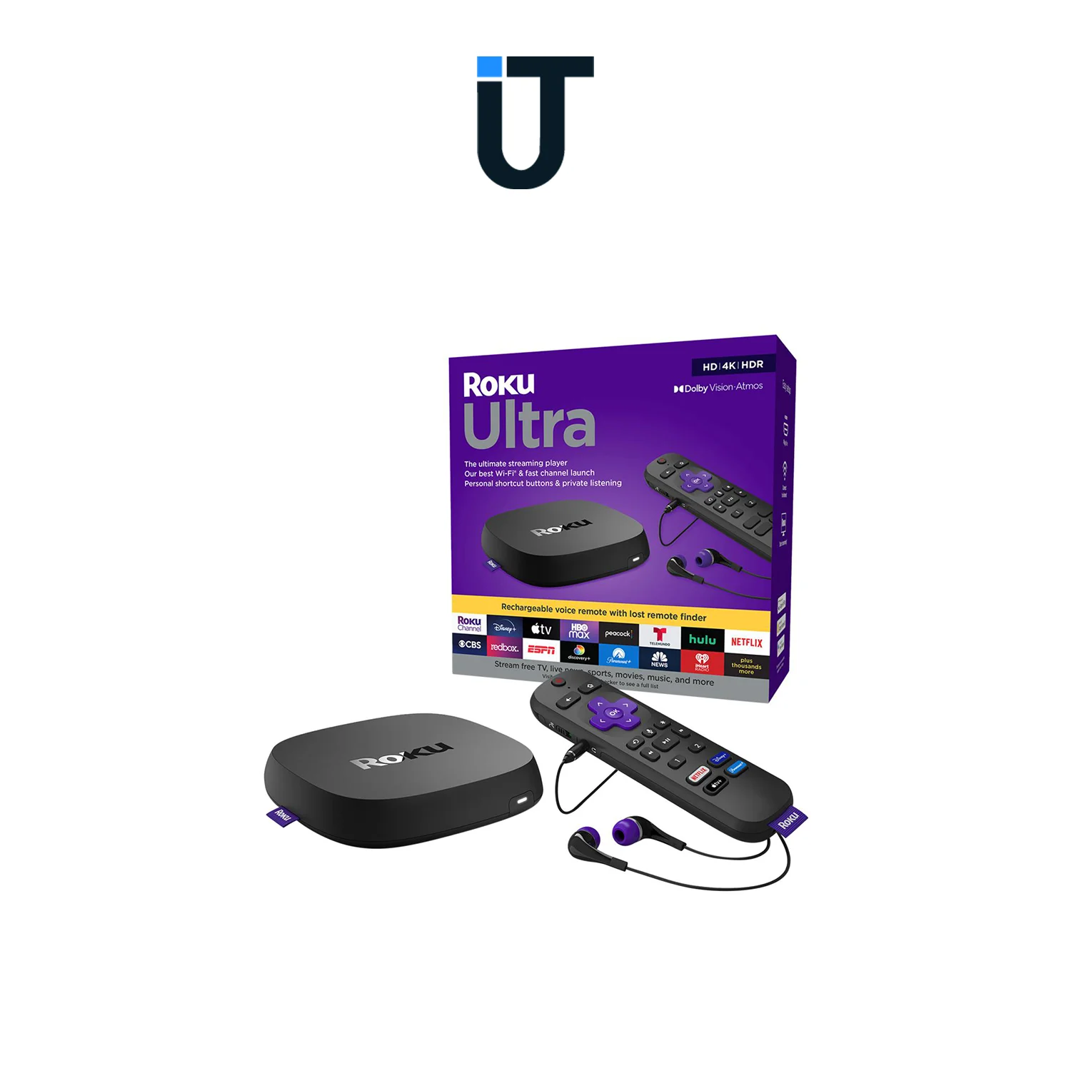 roku ultra lt device on entertainment console with remote beside it