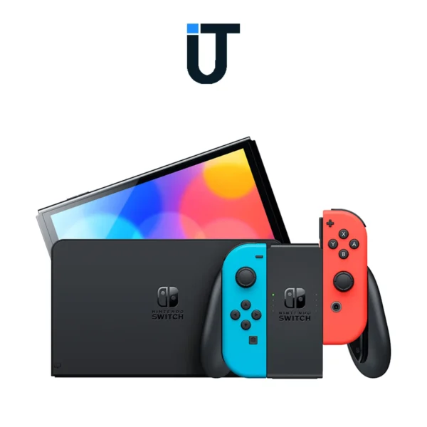 Side angle of OLED Switch placed in its charging dock on a TV stand