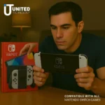Nintendo Switch OLED with white Joy-Con controllers in docked mode