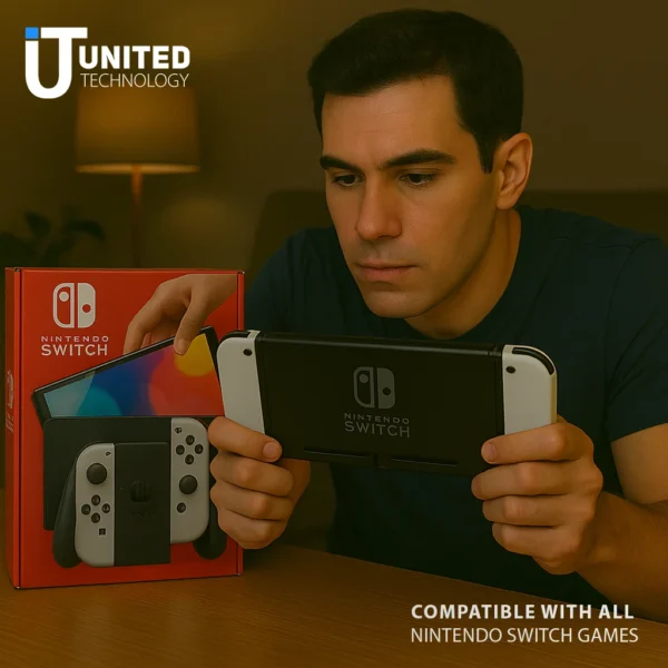 Nintendo Switch OLED with white Joy-Con controllers in docked mode