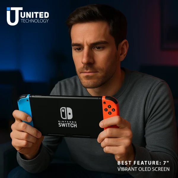 Neon Joy-Con controllers connected to Nintendo Switch OLED