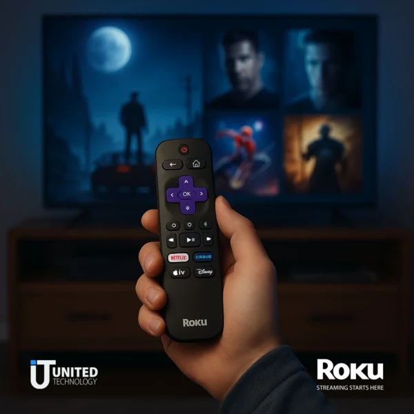 user holding roku express 4k remote with shortcut buttons