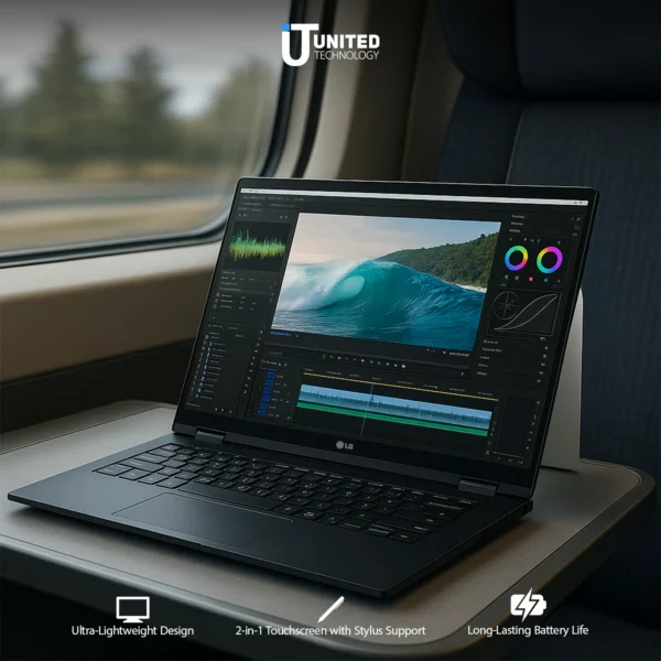 Thin LG gram laptop in open position on a desk