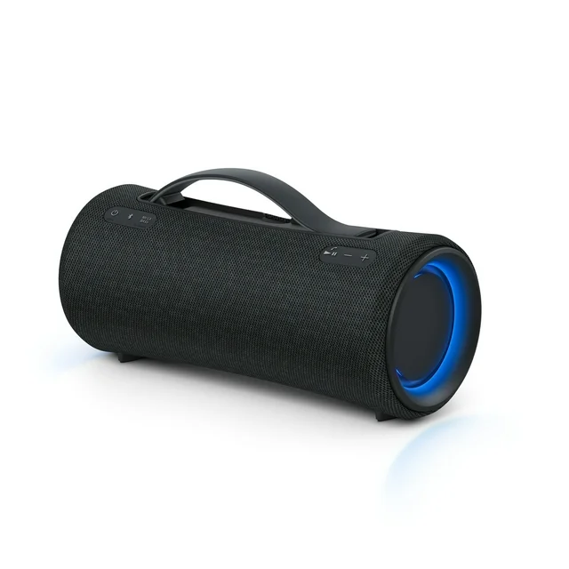 Black Sony party speaker next to a smartphone for scale