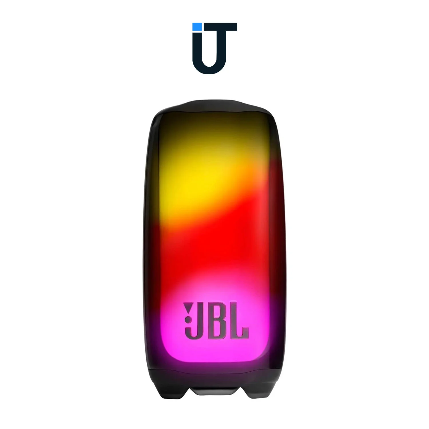 JBL Pulse 5 speaker standing on sand with lights on