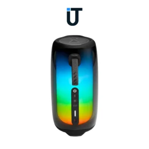 Front view of JBL Pulse 5 glowing with multicolor lights