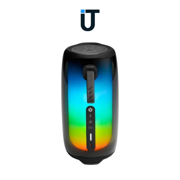 Front view of JBL Pulse 5 glowing with multicolor lights